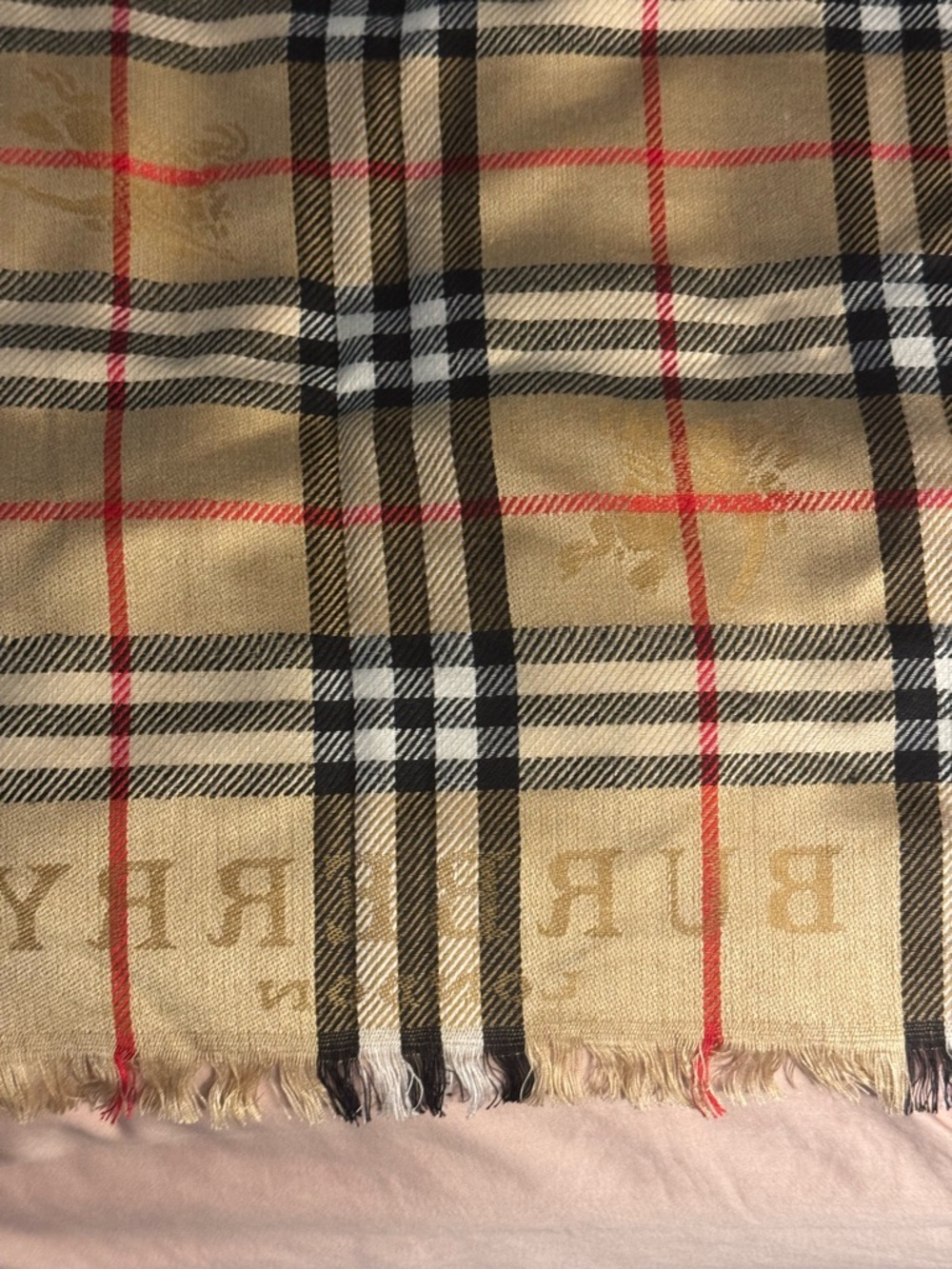 Burberry Unisex Camel Colored Plaid Scarf with Black, White and Red Stripes